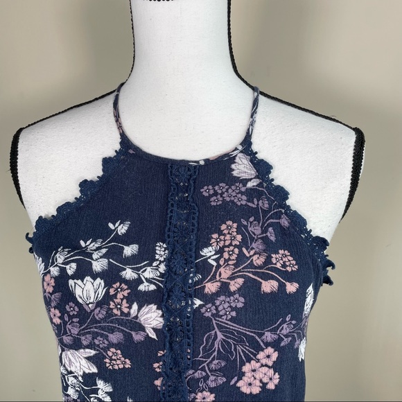 Kendall & Kylie Navy Floral Crop Halter Top - Picture 7 of 7